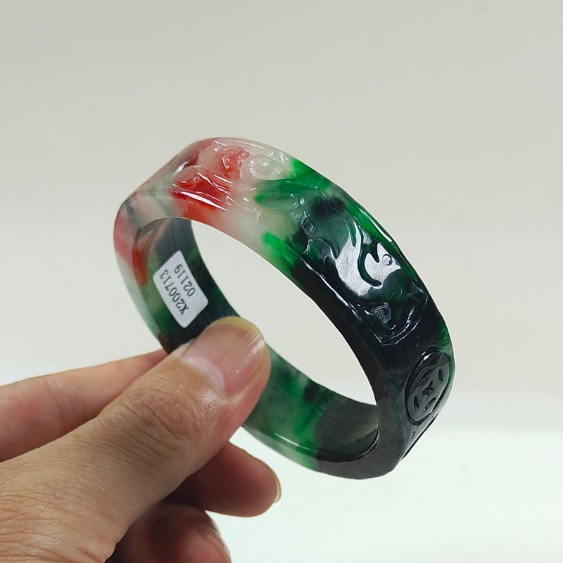 61mm Real Natural Ice Multicolor Burmese Jade jadeite Carving Bracelet Bangle