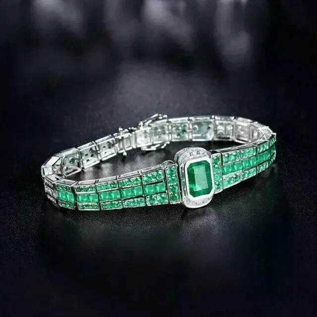 925 Sterling Silver Princess Cut Lab Created Green Emerald Men’s Tennis Bracelet