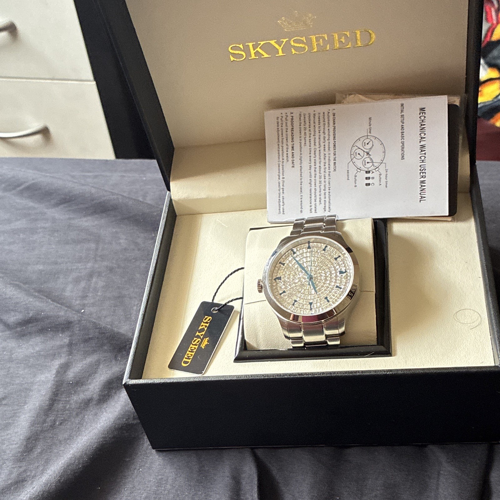 SKYSEED Men’s Automatic Silver Dial Stainless Steel Bracelet 43mm WR30 w/ Box