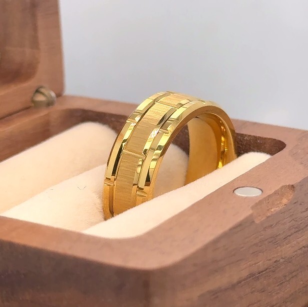 Geometric Grooved Design Ring Gold Plated Tungsten Thanksgiving Present Band