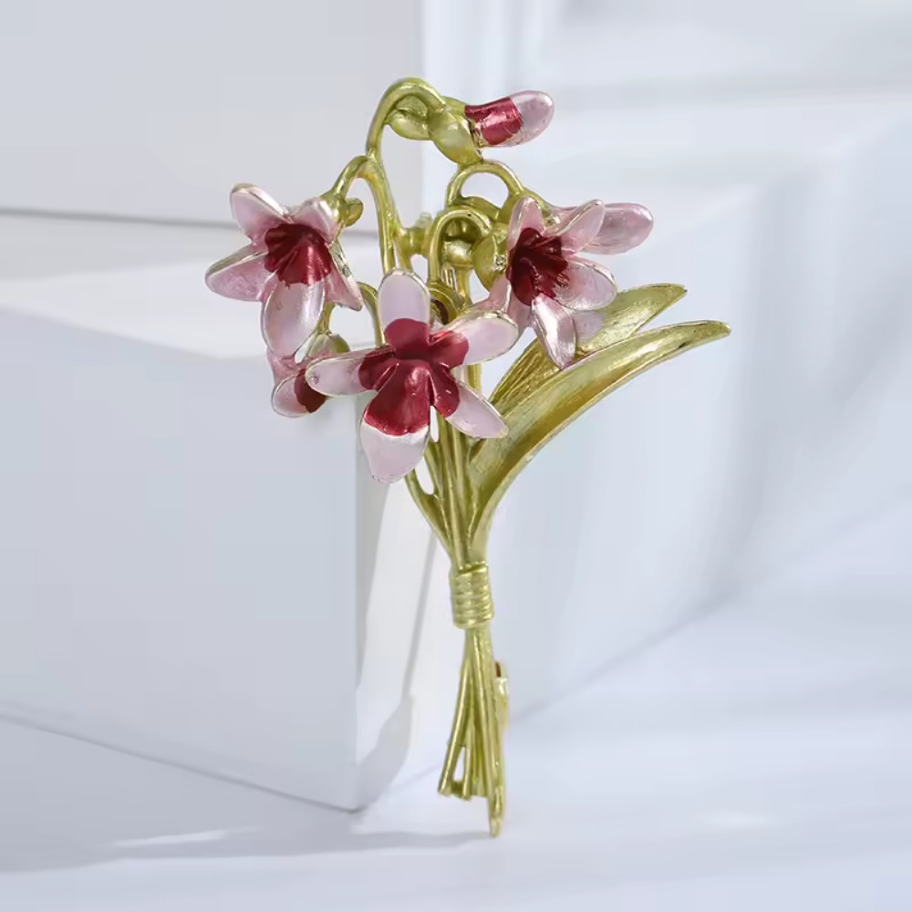 Sparkly Enamel Pink Flower Bouquet Brooch Gold Plant Pin Spring Summer Jewelry