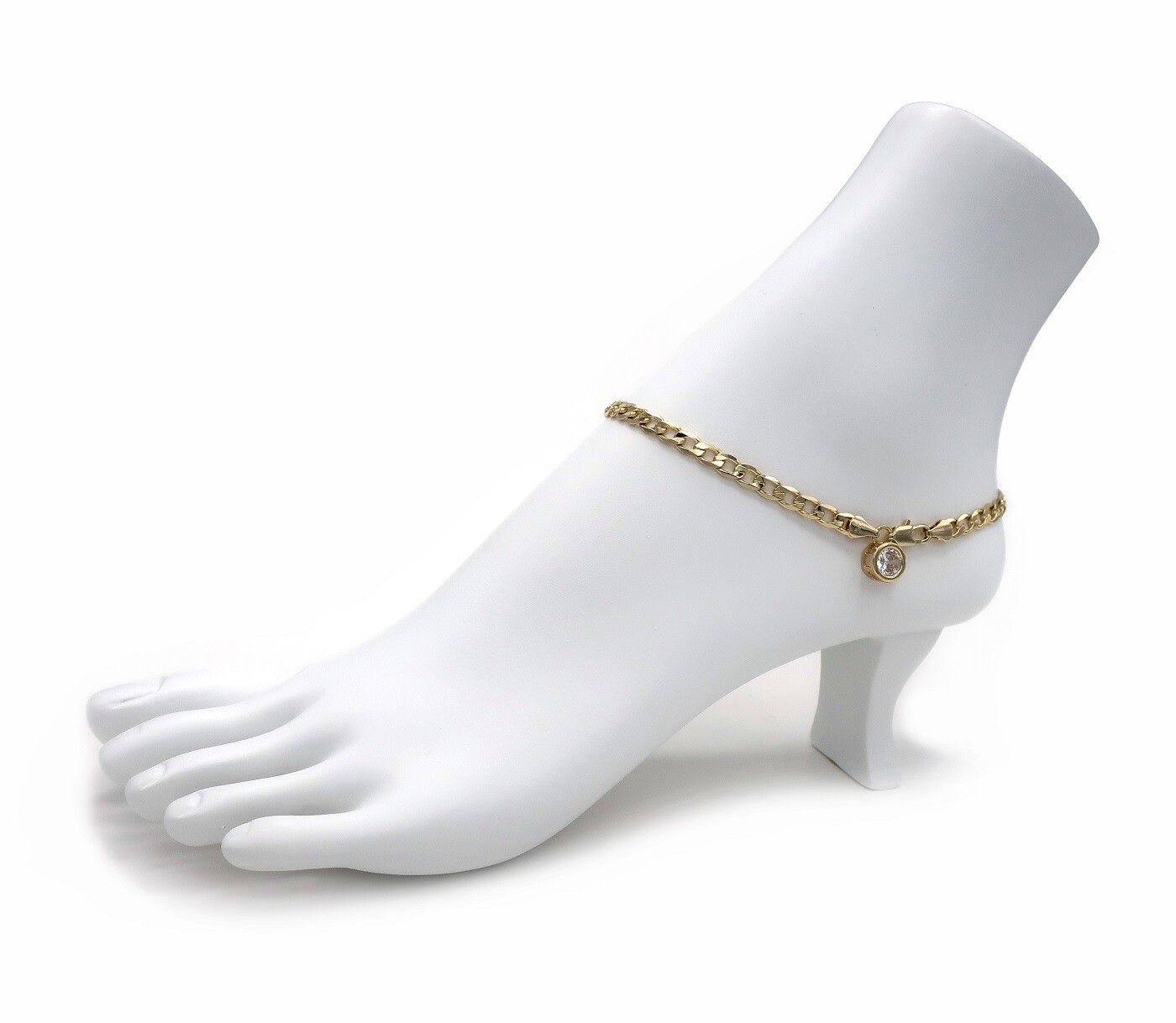 10″ ITALIAN CUBAN CURB LINK CHAIN ANKLET CZ STONE ANKLE BRACELET 14K GOLD PLATED