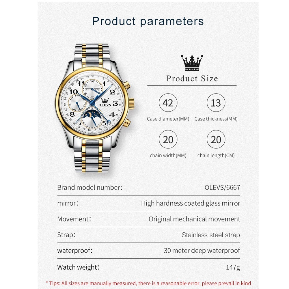 Automatic Mechanical Watch Waterproof Luxury Moon Phase Date Men Men’s Strap