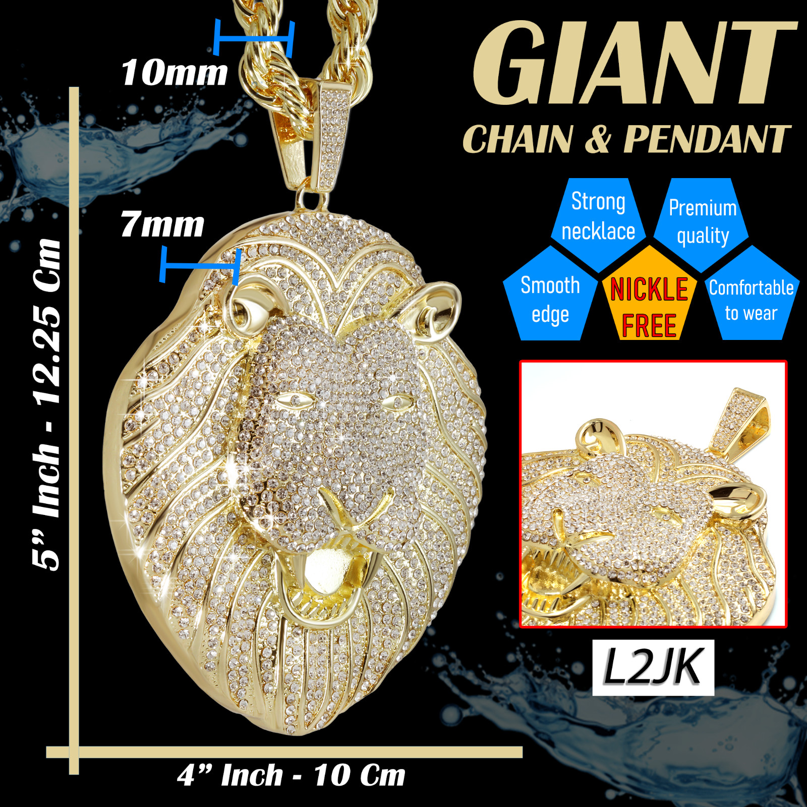 14K Rope Chain Necklace 10mm 24″ & 30″ | Huge Lion Face Gold Plated XXL Hip Hop