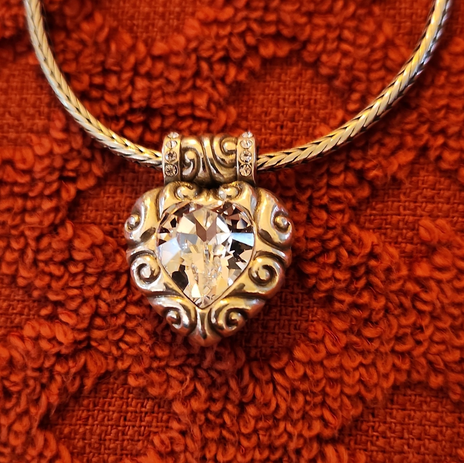 0054 Brighton Silver Tone Heart Crystal Pendant Snake Chain Necklace Signed