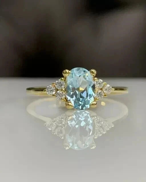 2Ct Oval Cut Simulated Aquamarine Women Engagement Ring 14K Yellow Gold Plated