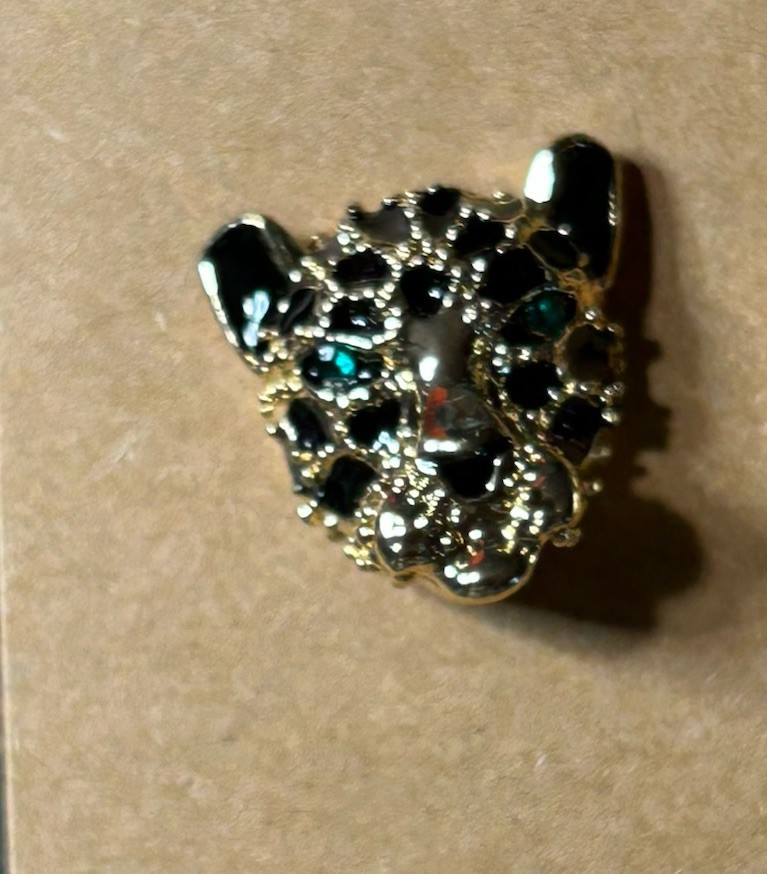 Gold Leopard Head Stud Earrings Clear & Black Crystals Unisex Animal Jewelry