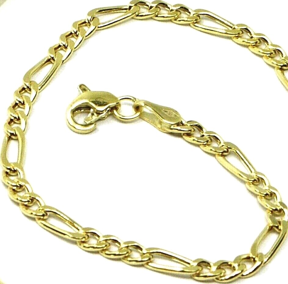 9K GOLD BRACELET FIGARO GOURMETTE ALTERNATE 3+1 FLAT LINKS 3mm, 19cm, 7.5 INCHES