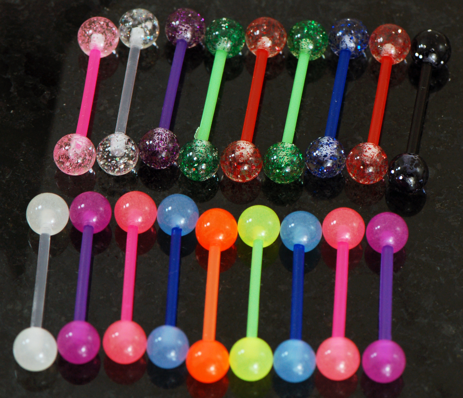 20Pc Mix Glow In The Dark + Glitter Bio-Flexible Tongue Barbells, Nipple Rings