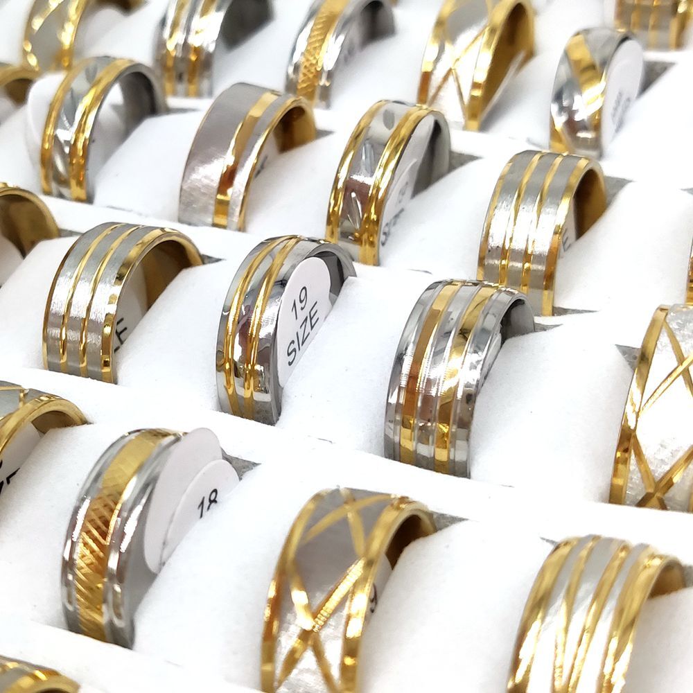 New 30pcs Gold Stripe Line TOP MIX Stainless Steel Rings Party Jewelry Bulk lots