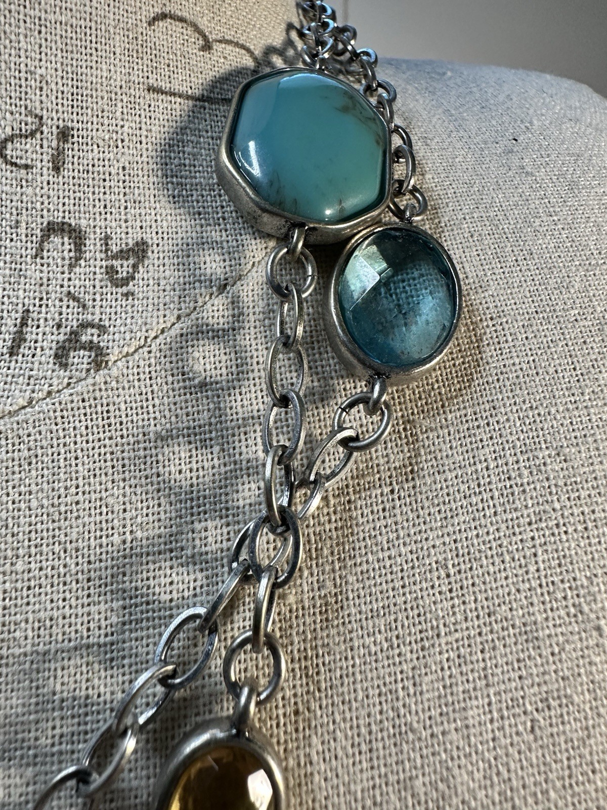 Chico’s Signed Silver Tone Station Chain Necklace Multicolor Bezel Crystal