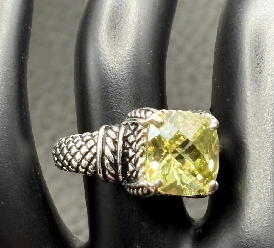 Designer Silver Tone Yellow CZ Faux Citrine Cushion Cut Ring Cable Woven Band 7