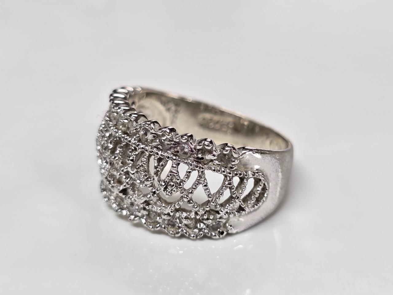 Sterling Silver Clear Stones Filigree Band Ring ~ Sz 9.75 ~ 6 g ~ 2-A406