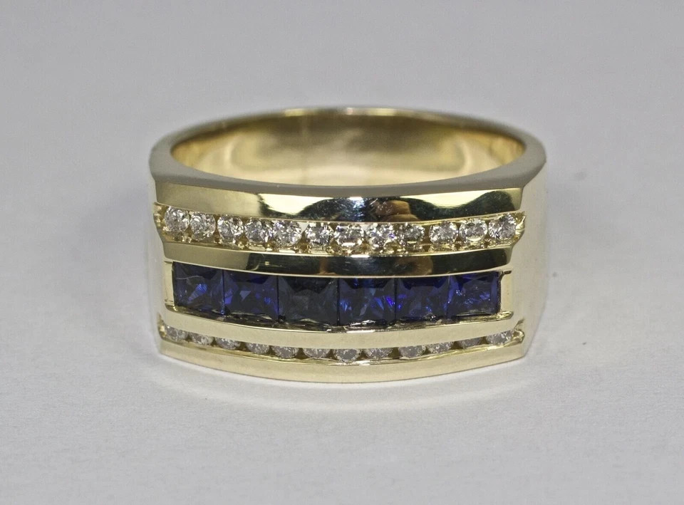Men’s Wedding Eternity Ring Lab Grown Blue Sapphire & Diamond 14k Yellow Gold