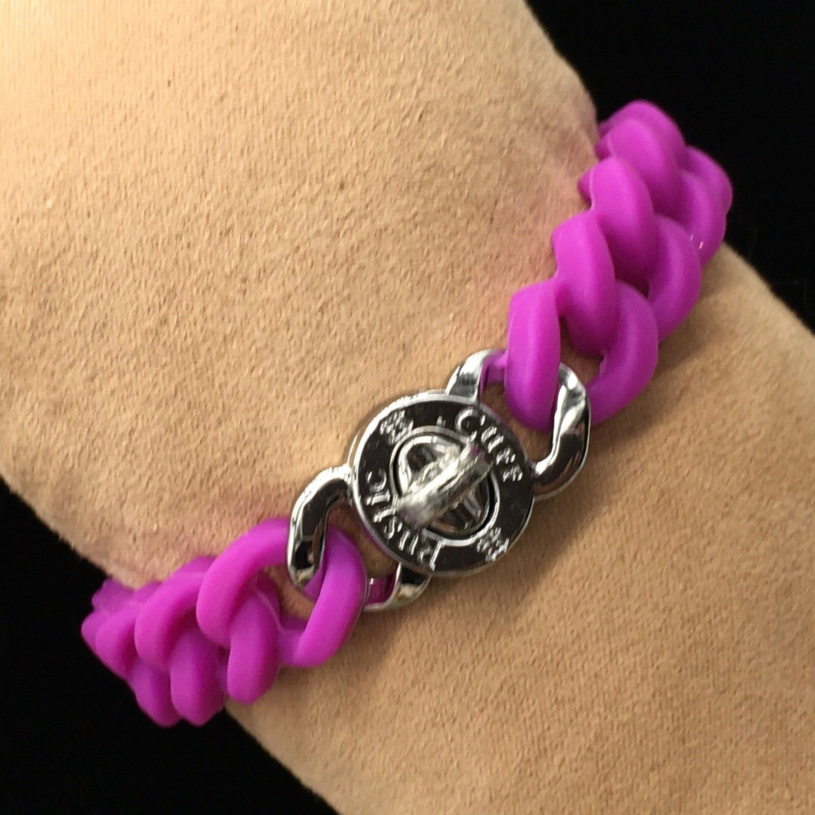 Rustic Cuff Silver Tone Turn Lock Fuchsia Silicone Stretch Mock Chain Bracelet