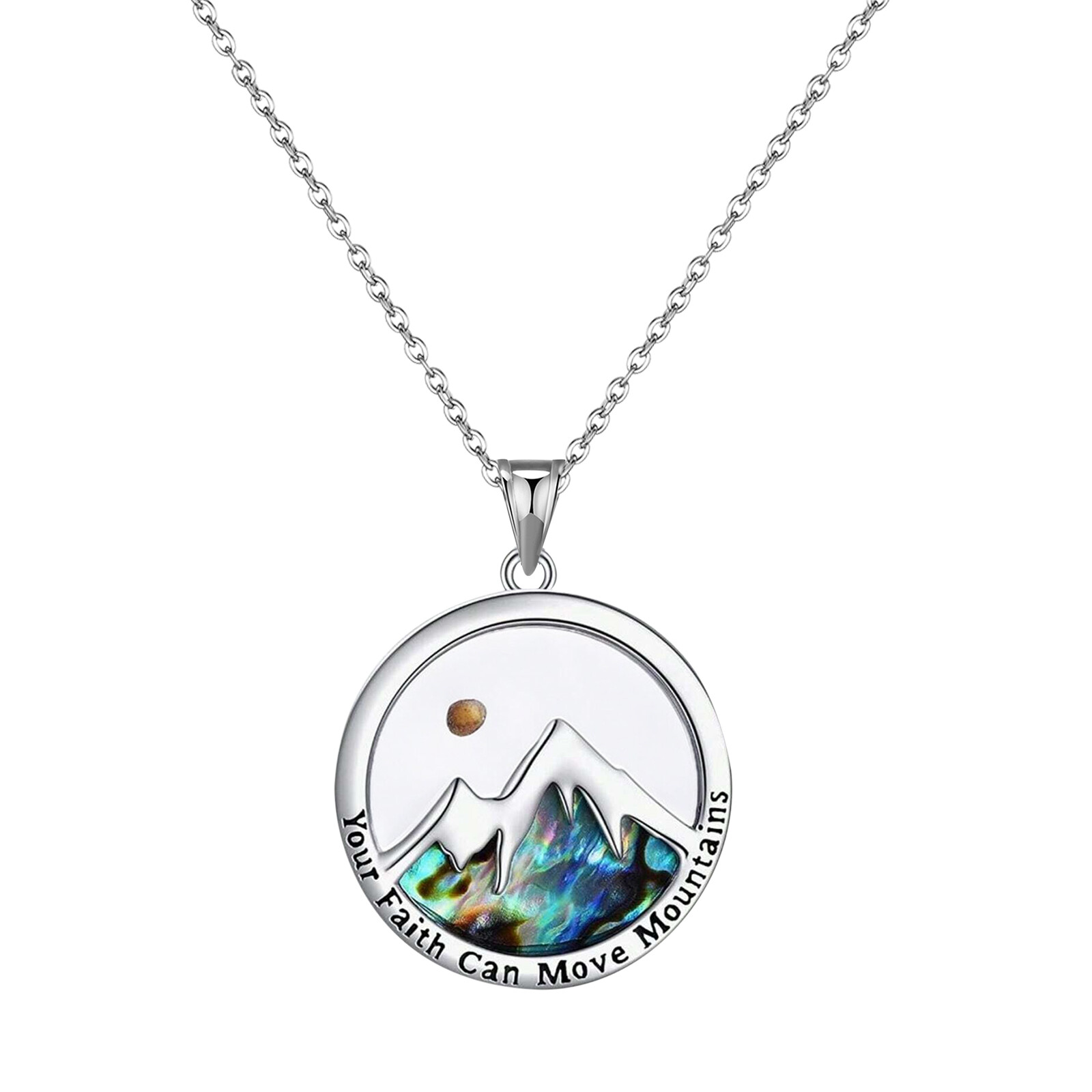Women’s Mustard Seed Mountain Christian Necklace Colorful Abalone Shell Pendant