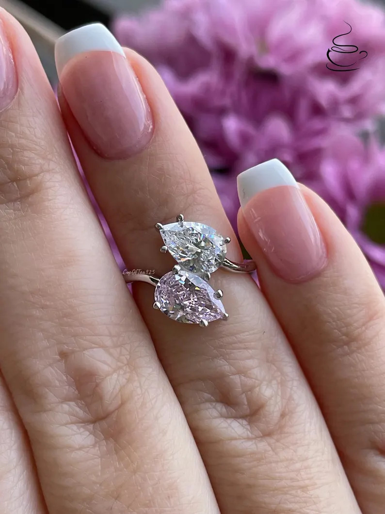 Toi et Moi Engagement Ring, Pink Stone, Silver 925