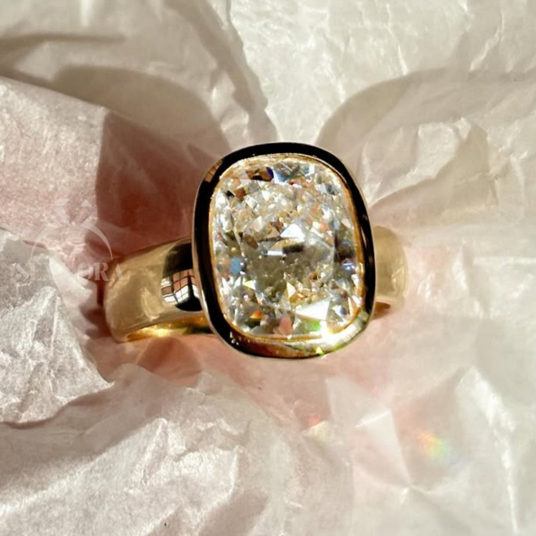 4 CT Elongated Cushion Cut Moissanite Wide Band Chunky 14 Yellow gold plated
