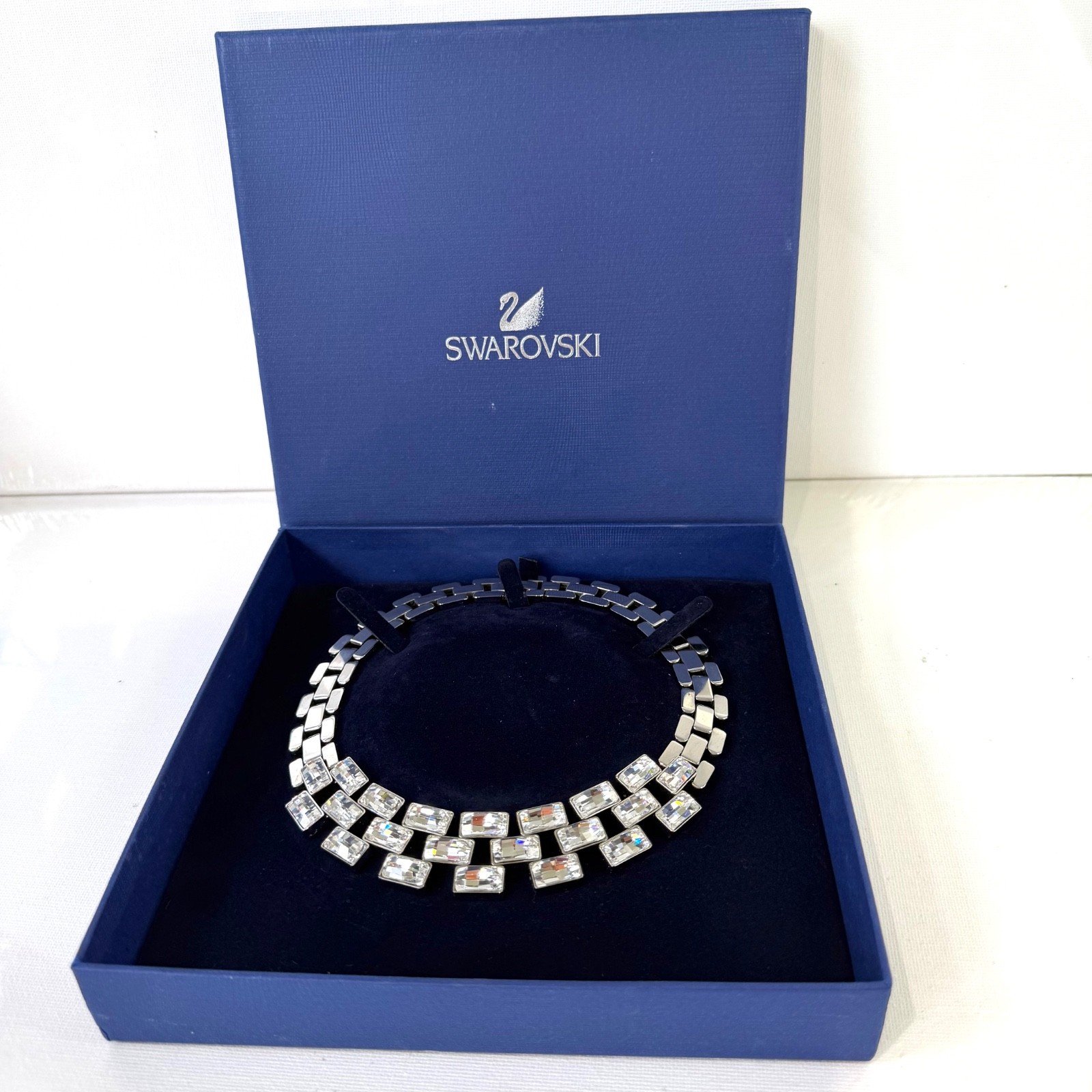 Swarovski Belcher Crystal Necklace Silver Rhodium Plated Art Deco In Box