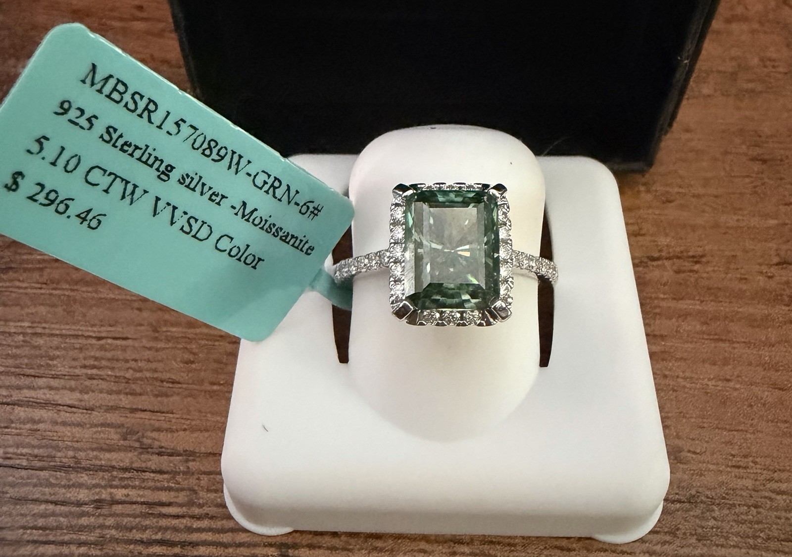Stamped 925 Sterling Silver 5ctw Green Moissanite Emerald Prong Halo Ring Size 6