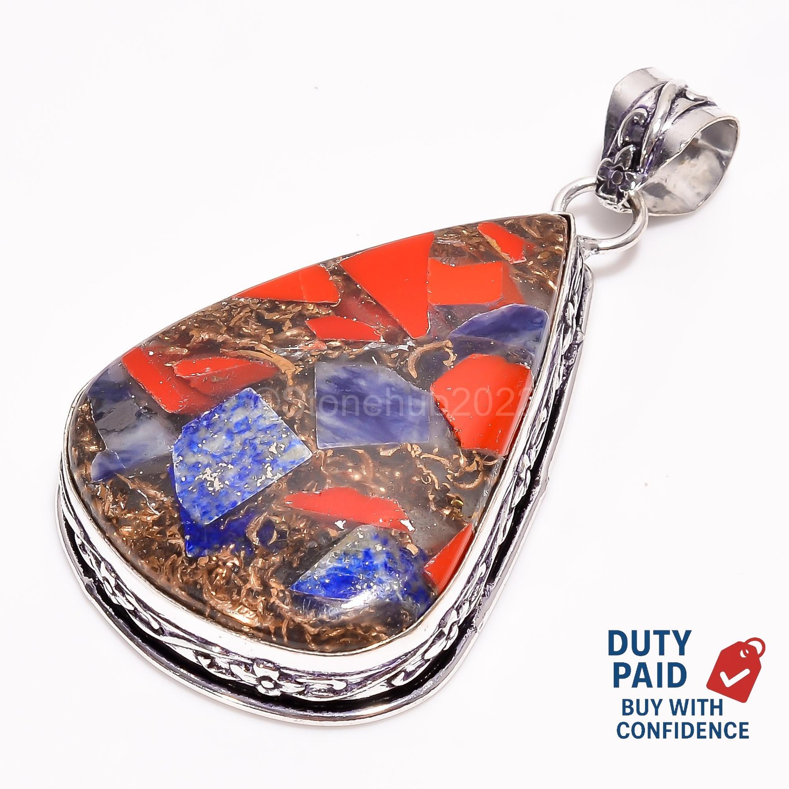 Natural Spiny Copper Lapis Lazuli Coral Sterling Silver Handcrafted Boho Pendant