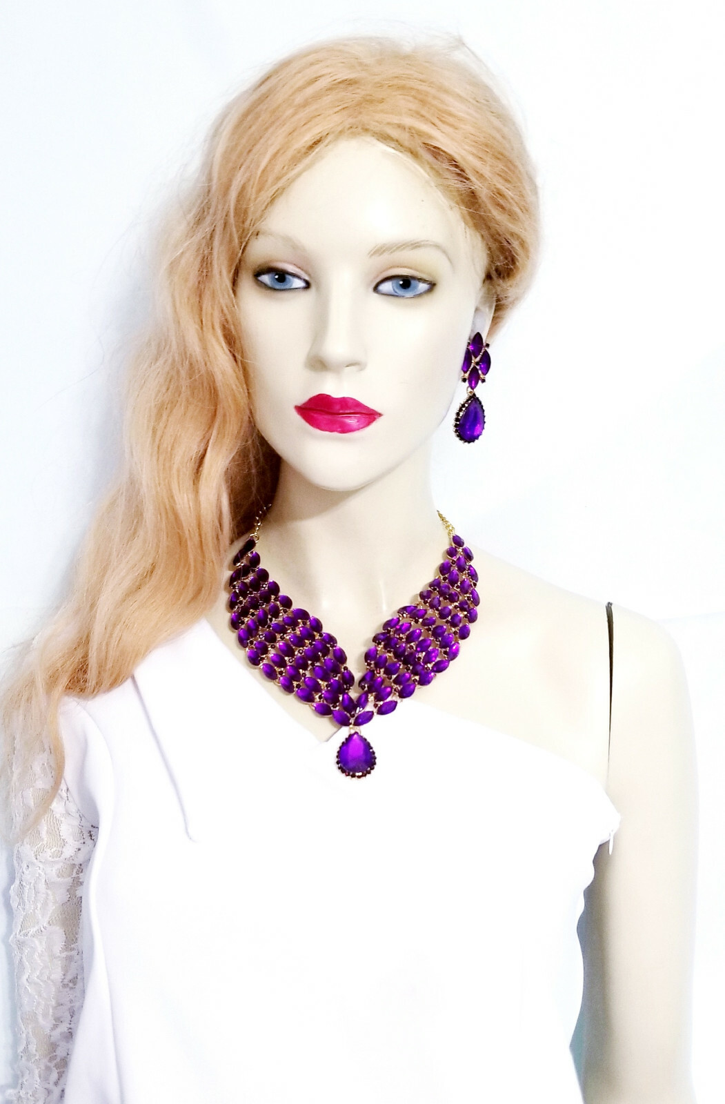 Choker Statement Necklace Earring Set Rhinestone Purple