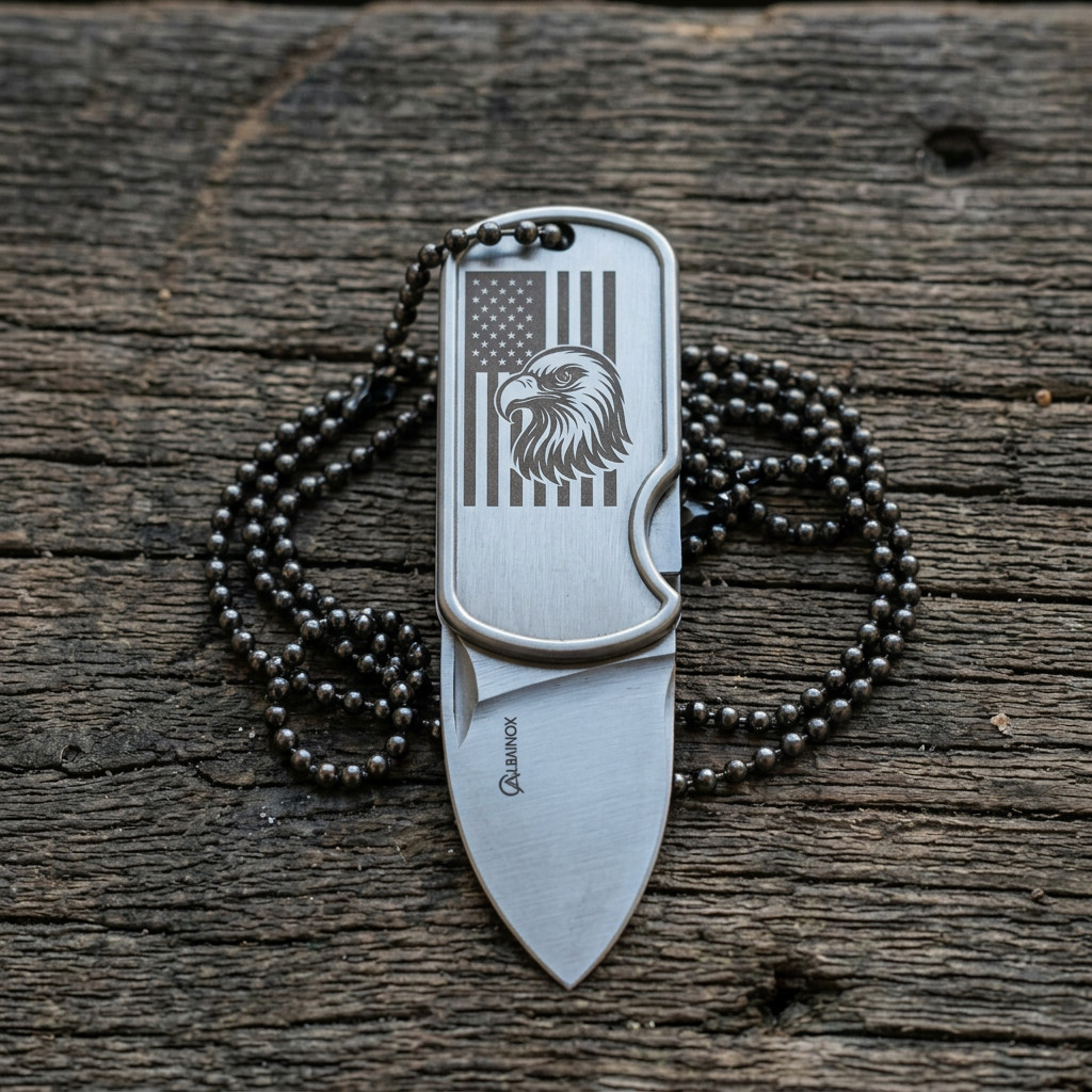 US Flag Eagle Stainless Steel Dog Tag Necklace Money Clip Folding Knife