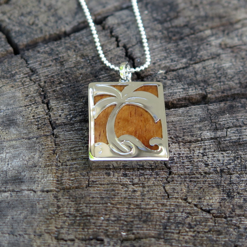 Koa Wood Hawaii Jewelry Plum Tree Silver Rhodium Plated Brass Pendant #BRP1167