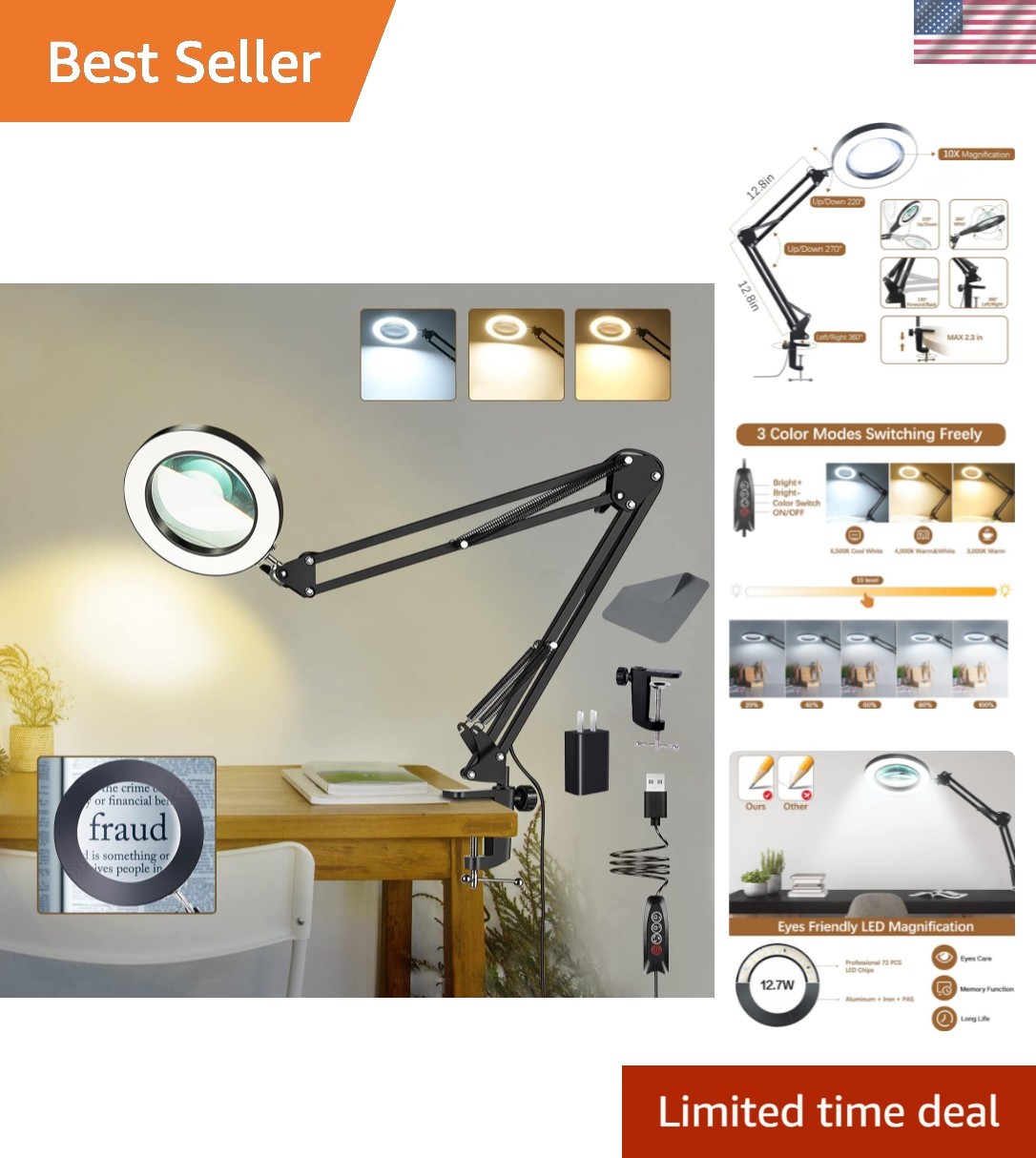 10X Magnifying Glass with Light – 72 LED Adjustable Clamp Lamp for Crafting