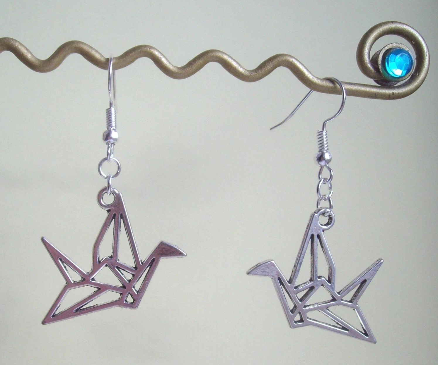 Silver Japanese Origami Paper Crane Bird Pendant Good Luck Drop Dangle Earrings
