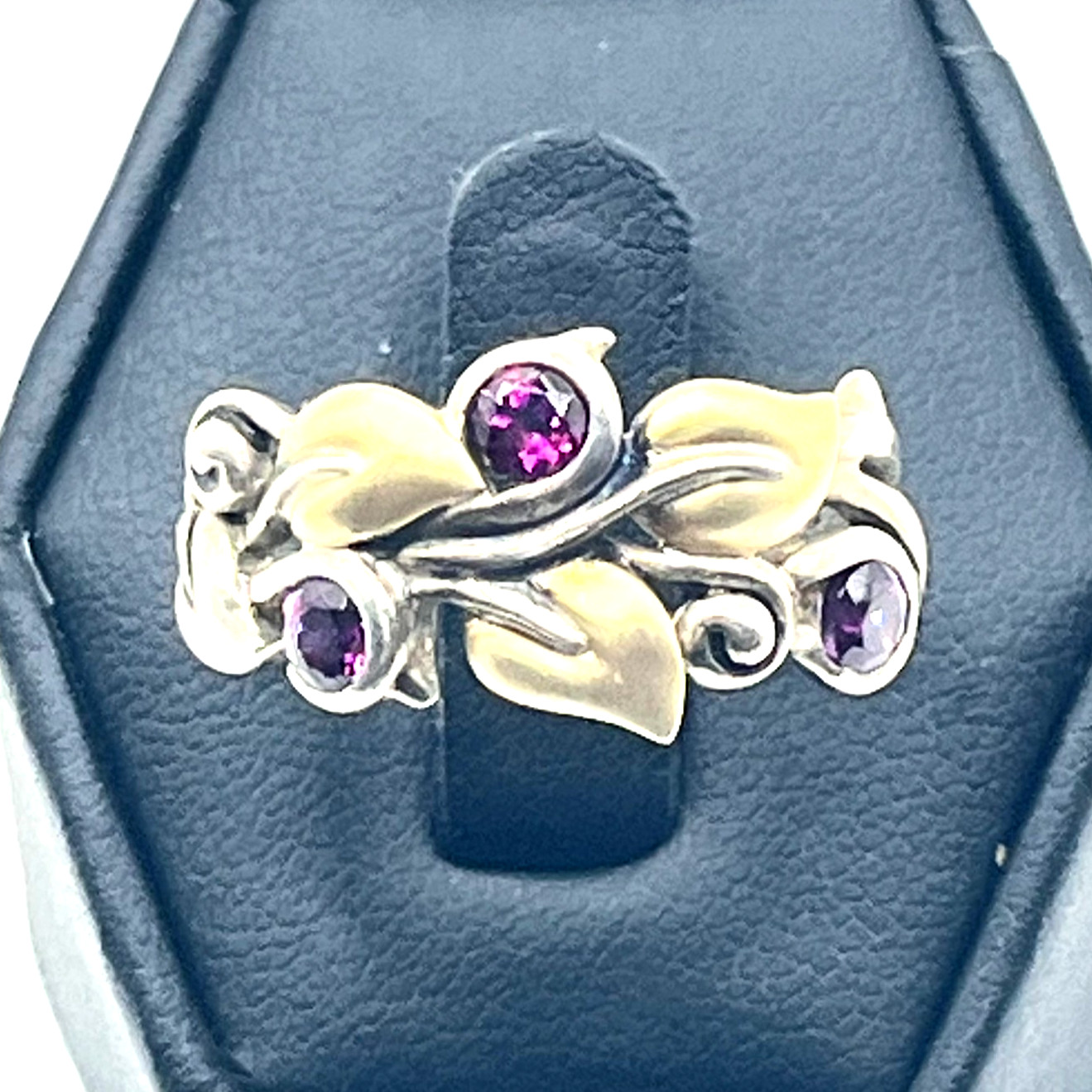 Barbara Bixby Ring Rhodolite Garnet Sz 8 💥 Vine Leaf Sterling 925 & 18k Leaf