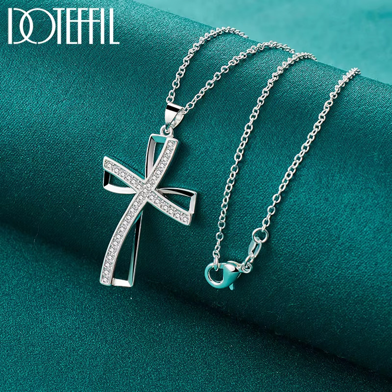 925 Sterling Silver 16-30 Inch Chain Cross AAA Zircon Pendant Necklace for Woman