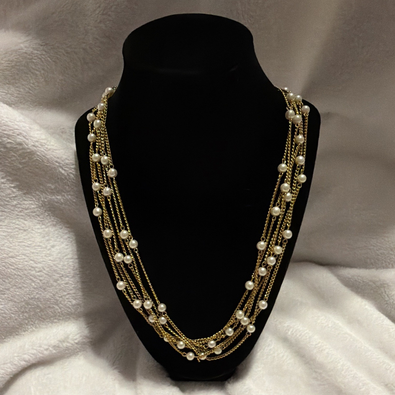 Gold Tone Layered Multi-Strand Chain Necklace w/ Simulated Pearl Station Pendant