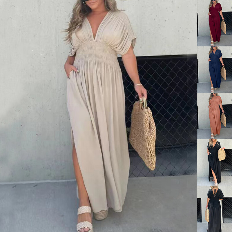 Fashion Bat-sleeved V-neck Slit Dress Summer Short Sleeve Elastic Waist Long Dre