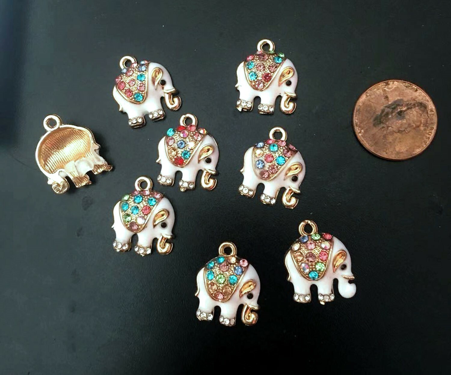 2 Elephant Goldplated Enamel Metal and Multi-Colored Rhinestones Pendant Charms