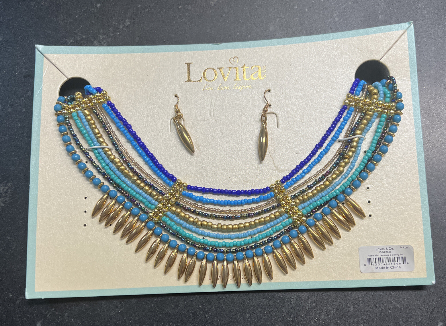 New With Tags Lovita & Co Harbor Mist Beaded Necklace & Golden Earring Set