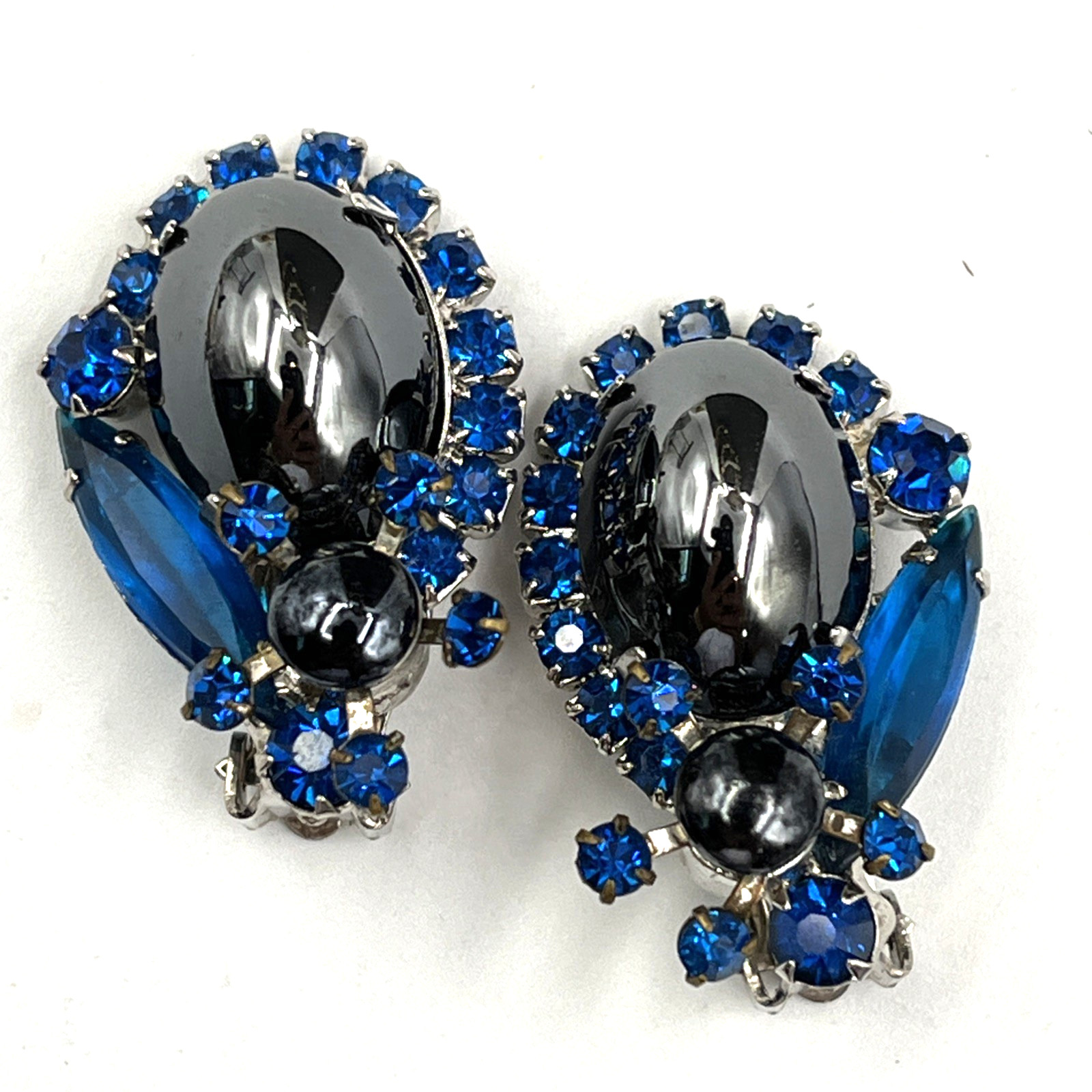 Juliana Earrings Hematite Glass Cabochon AB Earrings 1.25″ Silver Tone
