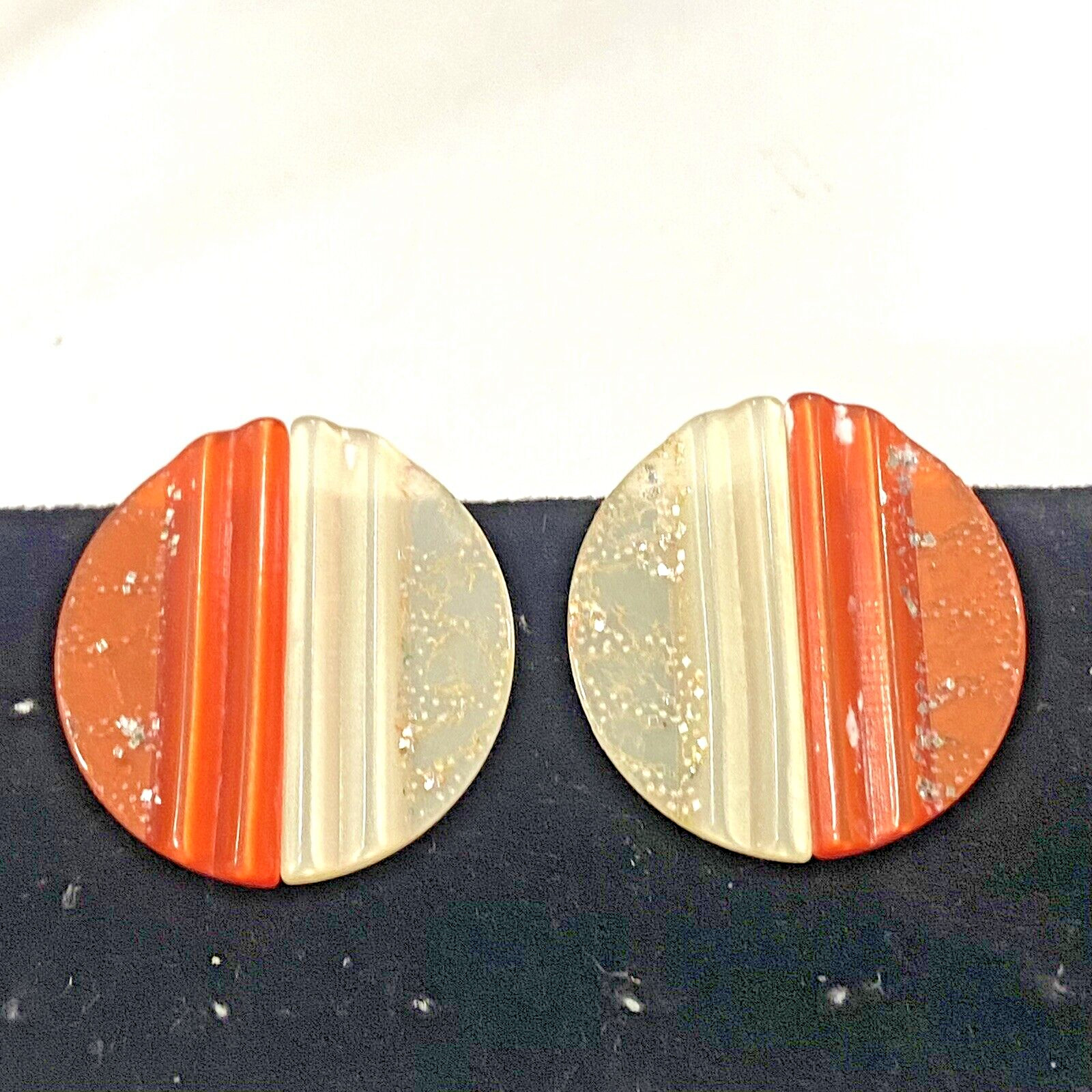 Vintage Orange and Semi-Transparent Confetti Lucite Round Clip on Earrings MCM