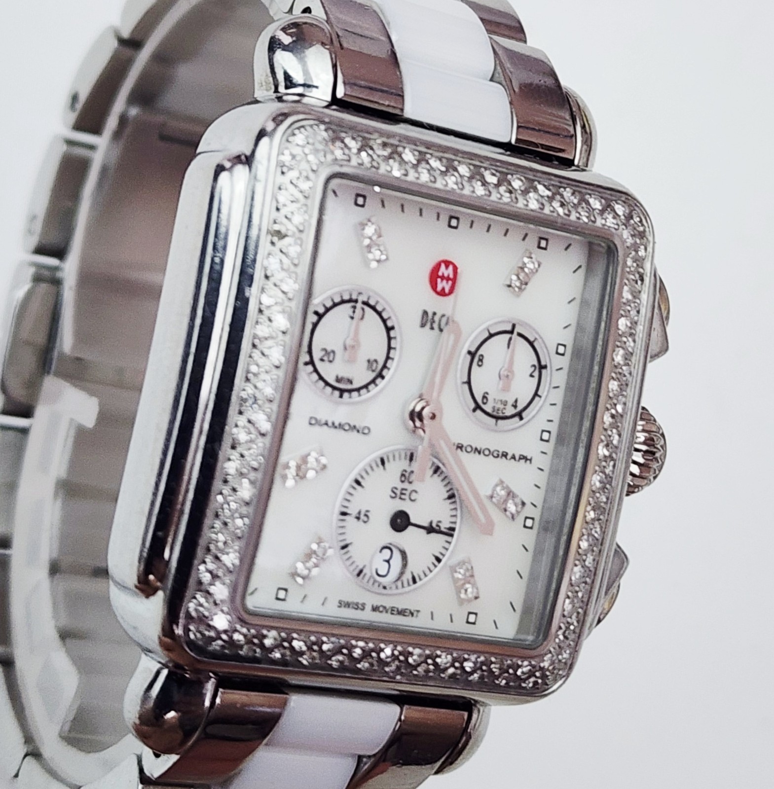 Women’s CHRONOGRAPH Watch MICHELE “Deco” MW06A01A1046. Diamonds Bezel. MOP Dial