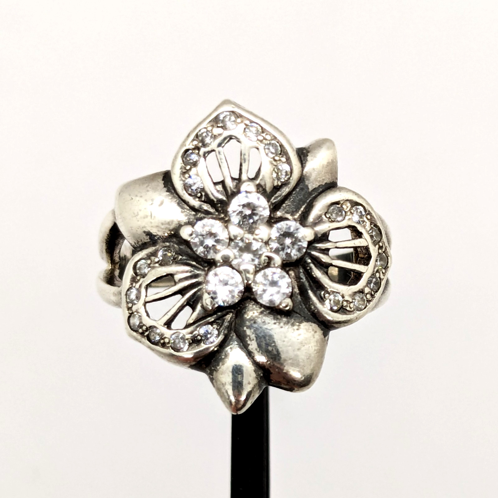 Vintage Luxury RING Silver 925 FLOWER with Bright Stones-size: 8US (17.7mm)| #14