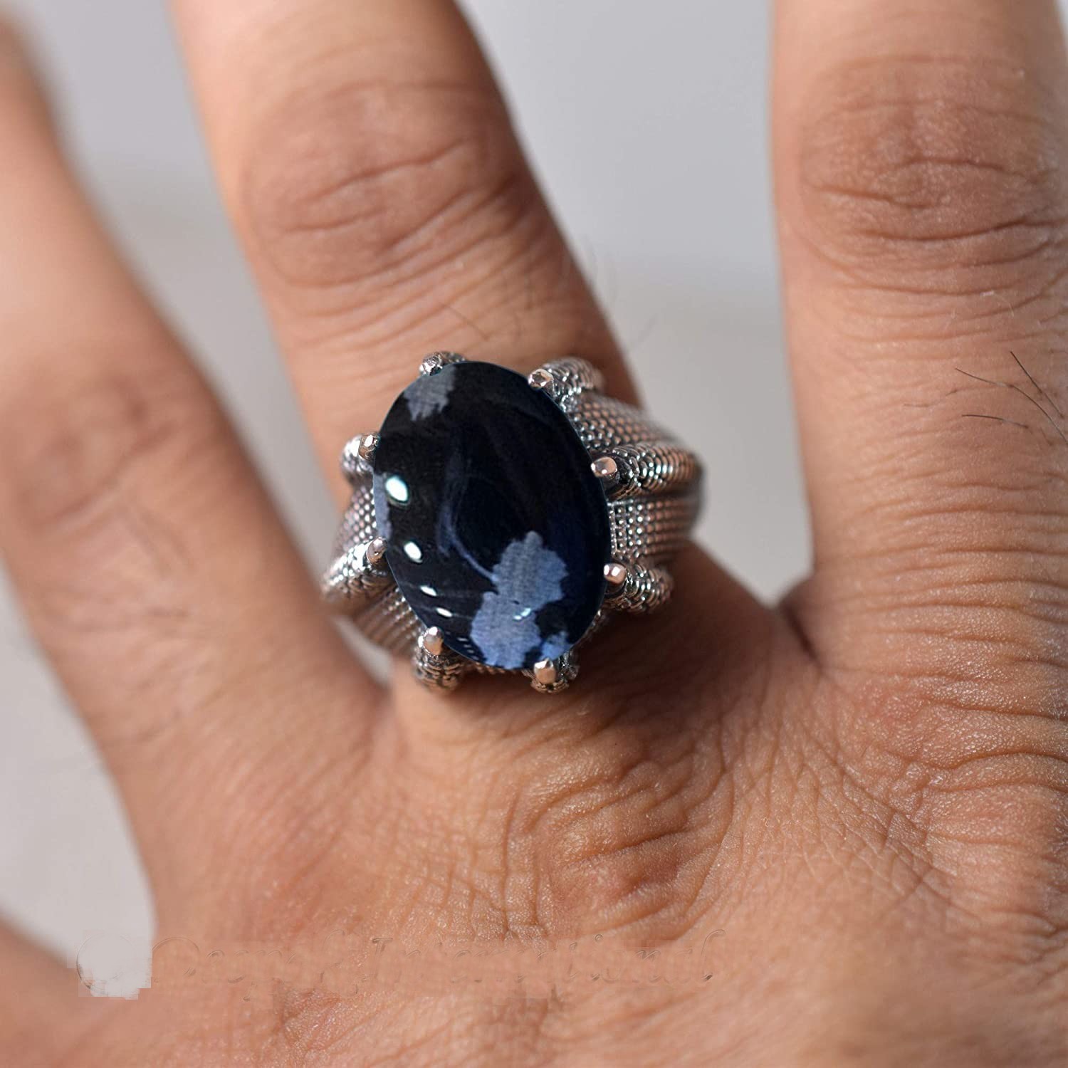Solid 925 Sterling Silver AA Snowflake Obsidian Oval Gemstone Men’s Unisex Ring