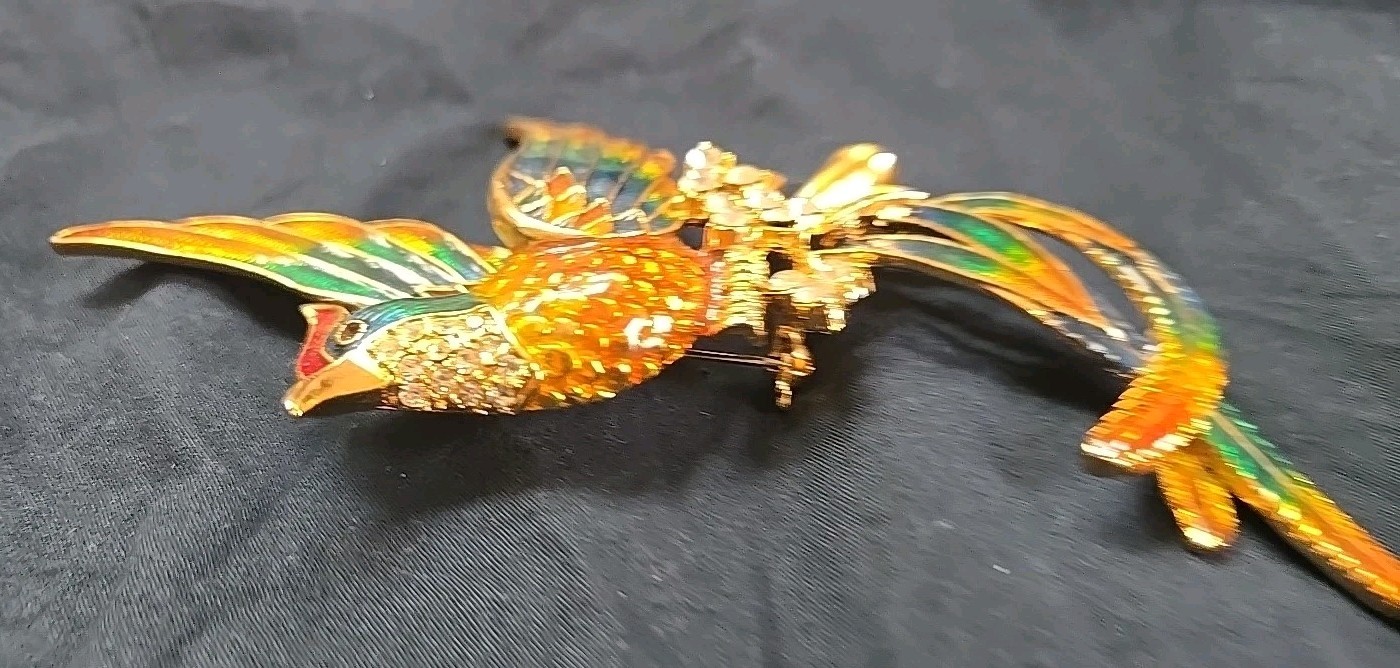 Vintage D’orlan Boucher 6″ Enamel Phoenix Bird Brooch Multicolored, Clear Crysta