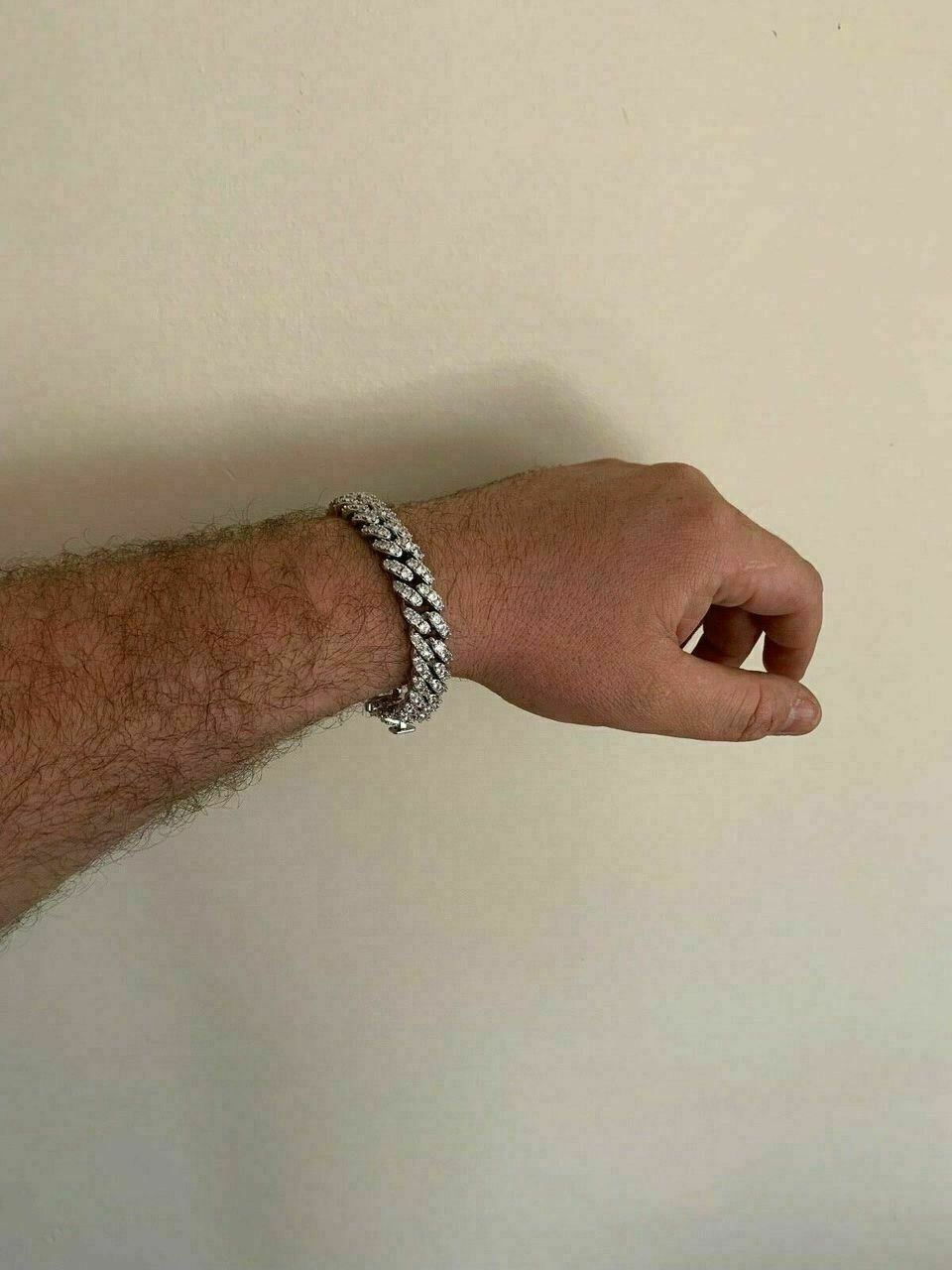 925 Silver Mens Miami Cuban Bracelet Real Iced Moissanite Passes Tester HEAVY