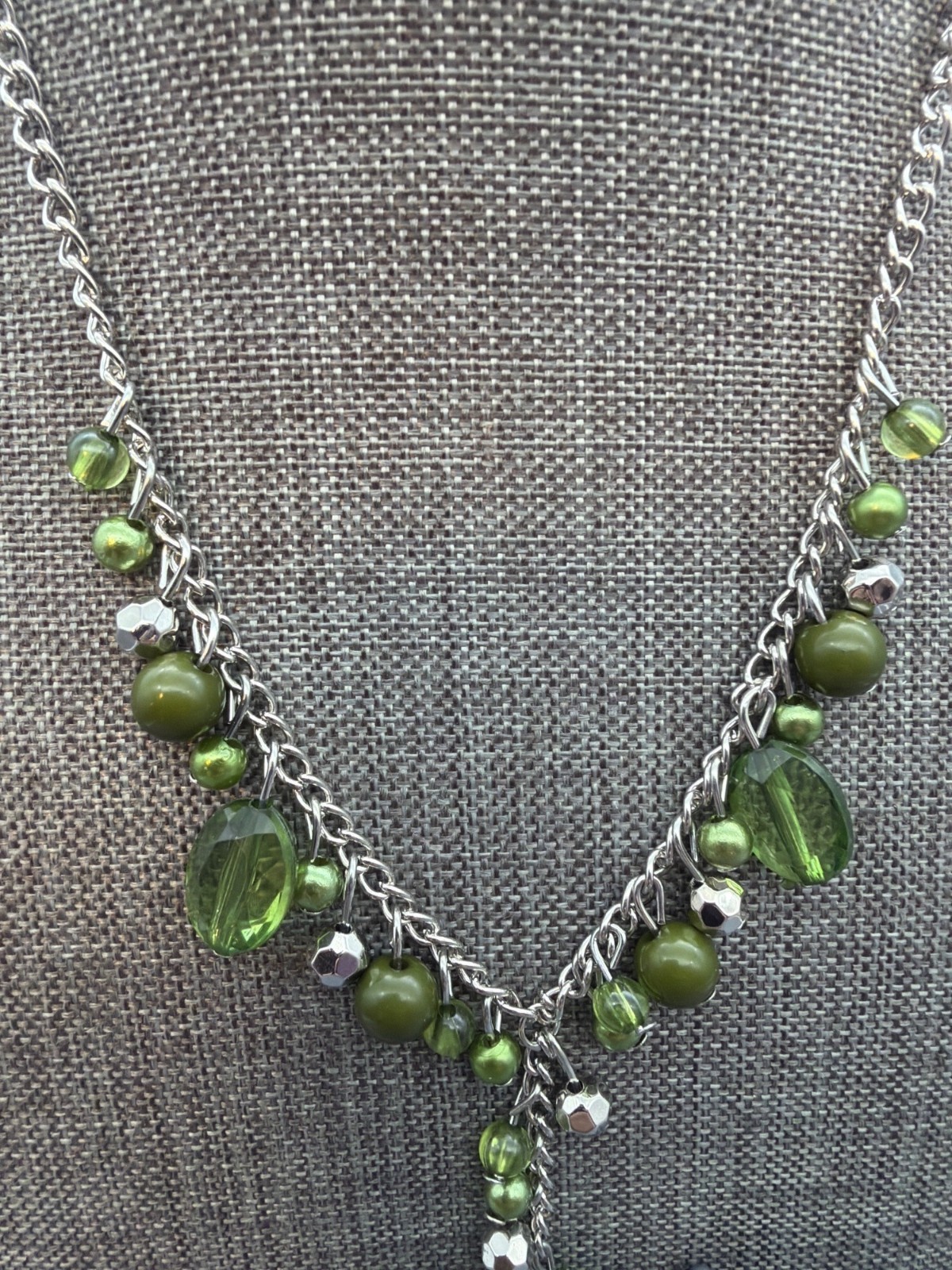 Beaded Y-Drop Necklace Earrings Set 15 In Silver Chain Olive Green Teardrop Glam