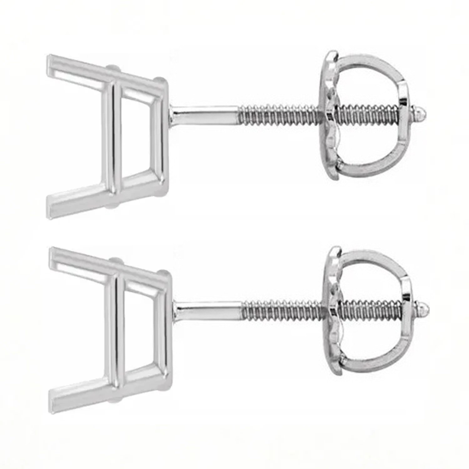 Earring Mountings Emerald Cut 14K White Gold 4 Prong Basket Screw Backs – 1 Pair