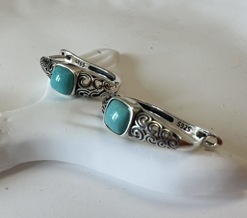 Native Square 5mm Turquoise English Lock Stud 3/4” Earrings 925 Solid Silver