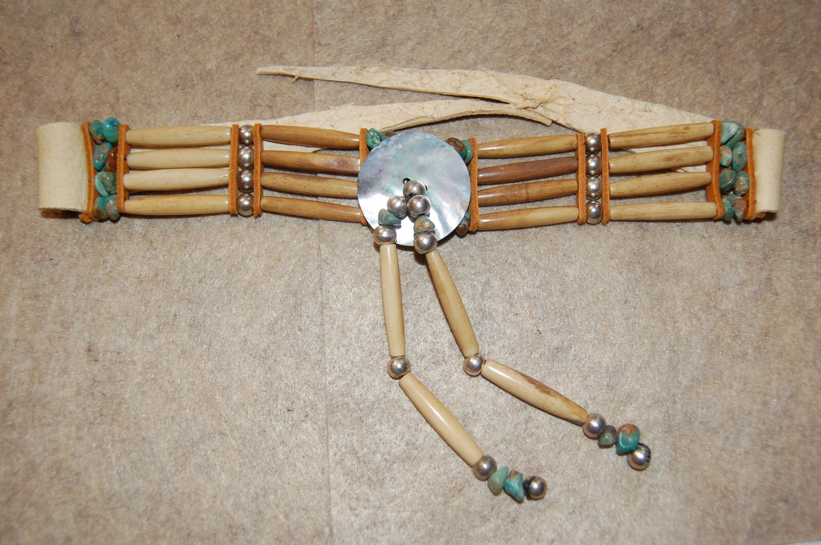 Antiqued Buffalo bone Hair-pipe Choker Necklace Abalone Turquoise Native Tribal