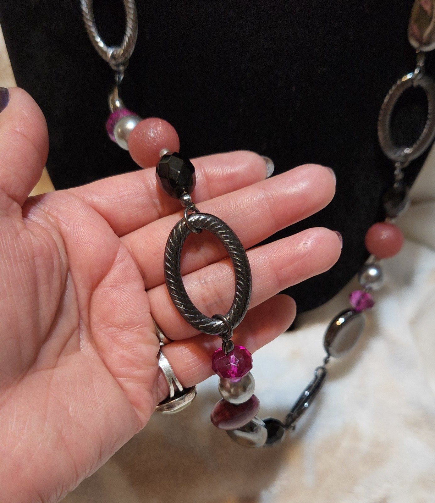 Premier Designs Purple Shades, Black, Gray Acrylic Beads Gunmetal Long Necklace
