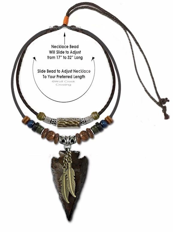 TRIBAL Bronze Feather STONE ARROWHEAD Adjustable 32″ Leather Necklace FREE Ship’