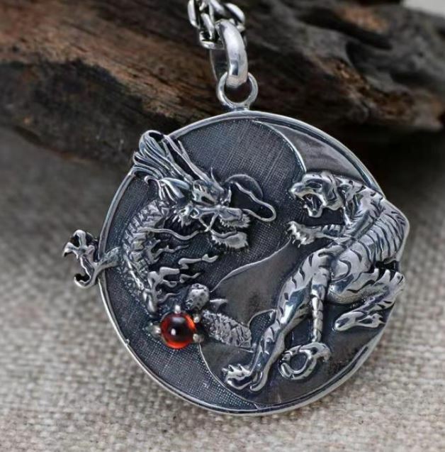 Mens Steel Protection Dragon Tiger Yin Ying Yang Pendant Necklace Men